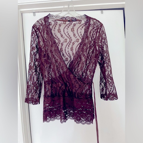 🤎 balletcore lace coverup overlay V neck open blouse - Picture 1 of 11